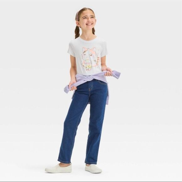 Cat & Jack Girls Mid-Rise Dark Wash Stretch Straight Jeans Size 5 Adjustable - Picture 1 of 16